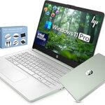 HP 14” Ultra Light Thin Laptop Computer 2026 Premium, MS Office, Copilot AI, 4-Core Intel CPU, 4GB DDR5 RAM, 628GB Storage (128GB UFS+500GB Ext), Long Battery, MarxsolAccessory, Win 11 Pro, Green