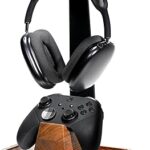 UPERGO Headset Stand with Gaming Controller Holder, Walnut Wood Headphone Stand with Storage Base, Gaming Equipment Accessories for Desk