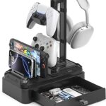 KDD Headphone Stand with Drawer - Rotatable Headset & Detachable Controller Holder for Desk - Multifunctional Organizer with Device Slot for Phones, Tablets - Universal for Gaming Accessories