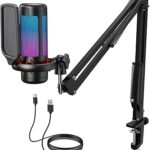 TONOR Gaming Microphone Set with Boom Arm, Vocal Condenser Microphone for PC with Stand, USB Mic with controllable RGB Light, One Tap Mute, Volume Control, for Discord, Twitch Streaming, TC310+