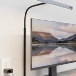SUPERDANNY LED Desk Lamp for Office Home, Eye-Caring Desk Light with Adjustable Gooseneck, 12W Touch Control Dimmable Brightness, Architect Clamp Lamp with USB Adapter, Grey