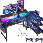 ODK 48 Inch Gaming Desk with USB Charging Ports and LED Lights, Reversible L Shaped Computer Desk with Storage Shelves & Monitor Stand, Corner Gamer Desk Table with Power Outlets, Black