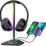 New Bee Headphone Stand with RGB Lighting, Sturdy Aluminum Gaming Headset Holder with USB-C & USB Charging Ports, Stable Desktop Earphone Stand for All Headphones Size, Black