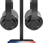 KAFRI RGB Dual Headphone Stand with Wireless Charger Desk Gaming Double Headset Holder Hanger Rack with 10W/7.5W QI Charging Pad - Suitable for Gamer Desktop Table Game Earphone