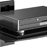suptek Glass Floating Shelf, 1 Tier Media Shelf for TV Accessories, Flat Black Wall Mount Bracket, 17.6lbs Weight Capacity, Quick Installation, Cable Management, Custom Style, Backless