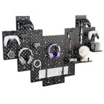 PEGZONE Controller and Headphone Holder Wall Mount, Modular Gaming Pegboard with Accessories, Controller Stand for Xbox PS5 PS4 Switch, Video Game Storage, Disc Shelf Organizer, 14pcs Pegboard, Black
