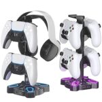 KDD Gaming Headphones Stand, Rotatable Headset Stand with Light Modes - Controller Holder with 2 USB Charging Ports and 3.5mm - Earphone Hanger Accessories for Desktop Gamer(Black)