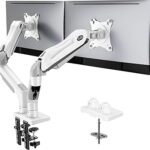 HUANUO Dual Monitor Stand - Full Adjustable Monitor Desk Mount Swivel Vesa Bracket with C Clamp, Grommet Mounting Base for 13 to 32 Inch Computer Screens - Each Arm Holds 4.4 to 19.8lbs - White