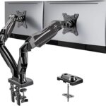 HUANUO FlowLift™ Dual Monitor Stand, Fully Adjustable Gaming Monitor Desk Mount for 13–32″ Computer Screens, Full Motion VESA 75x75/100x100 with C-Clamp & Grommet Base, Each Arm Holds 4.4 to 19.8 lbs