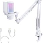 FEELWORLD VM1 White Gaming PC USB Microphone Condenser Mic with Noise Cancellation Mute RGB Light, Computer Accessories Gifts for Gamer YouTube Twitch Podcast Streaming Recording Online Chat PS4 PS5