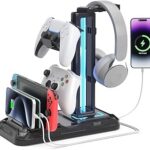 KDD Headset Stand with Charging Station - Detachable Controller Holder with 9 Light Modes - Rotatable Headphone Hanger with USB A&C Charger Ports - Earphone Hook for PC Gaming Accessories Storage