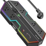 4000J Surge Protector Power Strip with USB Ports, 6 Outlet Power Strip with RGB Lights and PD 20W Fast Charging, Wide-Spaced Outlet Perfect for e-Sports, Game PC, Home and Offices