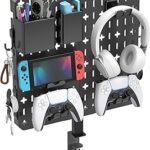KDD 7 in 1 Clamp-on Desk Pegboard - No Drill Desk Side Storage with Phone Stand/Pen Holder/Storage Box/Headset & Controller Holder/Hooks, Detachable Gaming Pegboard for Office & Home Desktop Organizer