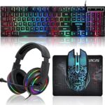 Gaming LED Keyboard Mouse Headset and Mousepad Bundle, CHONCHOW Wired Rainbow LED Light Up Gaming Keyboard Mouse Headset, Value 4 in 1 Game Set for Xbox PS4 PS5 PC Laptop Gamer