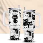 Cat Lover Gifts, Gift for Cats Lovers Women Men Girls Funny 40oz Black Cats Themed Tumbler Cups with Handle - Everything Is Fine Mug, Christmas Birthday Gift for Black Cat Mom Lady Gifts Cup