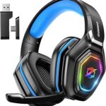Ozeino 2.4GHz Gaming Headset Wireless with Flip Mic for Ps5, Ps4, PC, Gaming Headphones with RGB Light, 40Hr Battery Bluetooth Headset for Laptop, Mobile, Mac