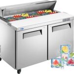 60" W 2 Door Refrigerator Sandwich Salad Prep Table Commercial Stainless Steel Fan Cooling Refrigerator with Cutting Board, 2 Shelves & 16 Pans for Restaurant, Bar, Shop-16.4 Cu.ft