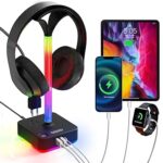 cozoo RGB Headphone Stand with Charger 3 USB Ports and 2 AC Outlets,2 USB-A 1 Type C,Desk Gaming Headset Holder with 9 Light Modes,PC Gaming Desk Accessories,Gamer Gifts,RGB Gaming Stuff Headset Stand