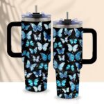 Butterfly Tumbler 40oz with Handle - Blue Butterfly Gifts for Women, Insulated Stainless Steel Water Bottle with Straw, Cute Travel Coffee Mug Cup for Mom Her Birthday Christmas