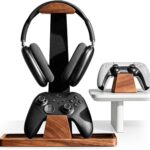 UPERGO Headset Stand with 2 Controller Holders - Solid Wood & Metal Gaming Headphone Holder for Switch, Controllers, and Desk Accessories (Wood)