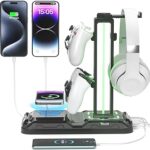 KDD Headphone & Controller Stand with Wireless Charging - Rotatable Headset Stand with 9 Light Modes - Controller Holder with 2 USB and Type C Ports - for Gamers Desktop Accessories