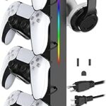 KAFRI RGB Gaming Headphone Stand with Controller Holder, Desk Organizer with Retractable Charger Cable, 2 AC Outlets & 4 Type-C Charging Ports, PC Gaming Accessories for Headset & Controller (Black)