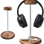 Headset Stand for Desk, Walnut Wood ＆ Stainless Steel Universal Wooden Headphone Holder with Storage Base, Gaming Equipment Accessories, Desk Organizer, Gifts for Gamers Men Boyfriend