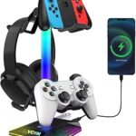 V VCOM RGB Gaming Headphones Stand with 2 USB Ports Headset Stand with 10 Light Modes and Non-Slip Rubber, Suitable for All Earphone Accessories, Best Gift for Husband, Kids, Boyfriend