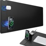 Wireless Charging Mouse Pad with Foldable Phone Holder, 31.5"x15.8" Large Desk Mat for Laptop/Keyboard, Waterproof Ultra-Smooth Surface, Non-Slip Base, Black