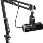 FIFINE XLR/USB Gaming Microphone Set, Dynamic PC Mic for Streaming Podcasting, Computer RGB Mic Kit with Boom Arm Stand, Mute Button, Headphones Jack, for Recording Vocal Voice-Over-AmpliGame AM8T
