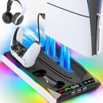 PS5/Slim/Pro Stand for Disc & Digital Console, PS5 Cooling & Charging Station with RGB Lights, PS5 Controller Charger Built-in 3 Level & AUTO Adjustable Fan, Accessories for PlayStation 5 Cases