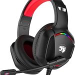 Gaming Headset with Microphone for Pc, Xbox One Series X/s, Ps4, Ps5, Switch, Stereo Wired Noise Cancelling Over-Ear Headphones with Mic, RGB, for Computer, Laptop, Mac, Nintendo (Red)