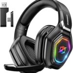 Ozeino Wireless Gaming Headset with Flip Microphone, RGB Lighting Gaming Headphones for PS5, PS4, PC - 2.4GHz USB & Type C Transmitter