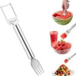 2-in-1 Stainless Steel Fruit Cutter, Watermelon Fork Slicer Tool, Watermelon Slicer and Fork, Dual Head Knife with Round Handle for Kitchen Fruit Cubes (1 Piece)