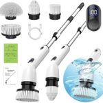 TUYU Electric Spin Scrubber, Full-Body IPX7 Waterproof Bathroom Scrubber with Power LCD Display, Adjustable Extension Handle, Cordless Shower Cleaner Brush for Bathtub Kitchen Wall Cleaning