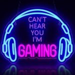 Gaming Neon Sign, Large Bright and Dimmable Colored LED Headset Gamer Neon Light and USB Powered Headphone Lightup Game Signs for Game Zone Video Room Boy Bedroom Wall Decor (Can't Hear You I'm Gaming)