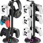 Gaming RGB Headphone Stand, Controller Holder with 9 Light Modes and 2 USB Charging Ports and 3.5mm & Type-C - Controller Stand Hanger Accessories for Desk and Gamer(Black) A