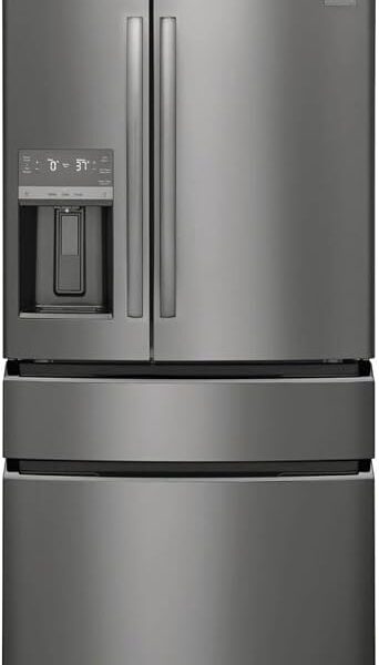 Frigidaire Gallery 21.5 cu ft Counter-Depth 4-Door French Door Refrigerator – 36″ Width, External Ice & Water Dispenser, Convertible Temp Drawer, Smudge-Proof Black Stainless Steel (Model GRMC2273CD)
