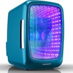 Frigidaire Gaming Light Up Mini Beverage Refrigerator, 6 can, 4 liters, Cooler with large see through door and LED lights Perfect for Gaming Experience, Home, Office, or Cars.12V Charger (Blue)