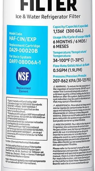 SAMSUNG Genuine Filter for Refrigerator Water and Ice, Carbon Block Filtration for Clean, Clear Drinking Water, 6-Month Life, HAF-CIN/EXP, 1 Pack