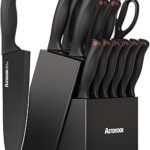 Knife Set, Astercook 15 Pieces Knife Sets for Kitchen with Block, Dishwasher Safe Kitchen Knife Set with Built in Sharpener Block, German Stainless Steel Kitchen Utensils Set