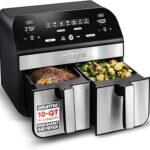 Gourmia Dual Basket Air Fryer - 10 Qt Large Capacity, FryForce360º, Digital Display with 7 Presets, Roast, Bake, Broil, Dehydrate, Match Cook, Sync Finish, Dishwasher Safe Accessories, Black