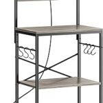 SUPERJARE Kitchen Bakers Rack with Power Outlet, Coffee Bar Table 4 Tiers, Kitchen Microwave Stand with 6 S-shaped Hooks, Kitchen Storage Shelf Rack for Spices, Pots and Pans - Greige