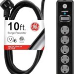 GE 6-Outlet Surge Protector, 10 Ft Extension Cord, Power Strip, 800 Joules, Twist-to-Close Safety Covers, Protected Indicator Light, ETL Listed, Black, 37442, Polyvinyl Chloride