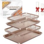 Air Fryer Basket for Oven, 2 Set Air Fryer Basket and Tray Set with 60 Sheets Parchment Papers,THORSES Carbon Steel NonStick Air Fryer Pan and Crisper Tray-Gold- Large15“×11” & Medium13.4"×9.6"