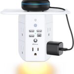 Wall Outlet Extender with Shelf and Night Light, Surge Protector, Wall Mount Charger Multi Plug Expander with 5 AC Outlets and 3 USB A Ports 1 USB C, Wide Space 3-Sided Power Strip Multi Plug Outlets