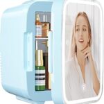YASHE Skincare Fridge Mini Fridge for Bedroom with Dimmable LED Mirror, 4Liter/6 Cans Cooler and Warmer for Makeup, Cosmetic, Beauty, Portable Refrigerator for Bedroom, Vanity, Office and Car- Blue