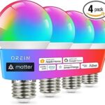 OREiN Matter Smart Light Bulb, Smart Light Bulbs Work with Apple Home, Alexa, Google Home, SmartThings, A19 Color Changing Light Bulbs 2.4Ghz WiFi, 800 Lumens Equivalent 60W 4Pack