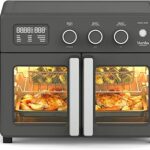 Martha Stewart French Door Air Fryer Toaster Oven Combo, 34QT Countertop Convection, 12-in-1, Bake, Broil, Roast, Fits 12” Pizza, Dehydrate, 5 Accessories, Air Fry Basket, Stainless Steel, Caviar Gray