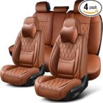 Car Seat Covers Full Set, Breathable Leather Automotive Front and Rear Seat Covers & Headrest, Universal Automotive Vehicle Seat Cover for Most Sedan SUV Pick-up Trucks, Brown